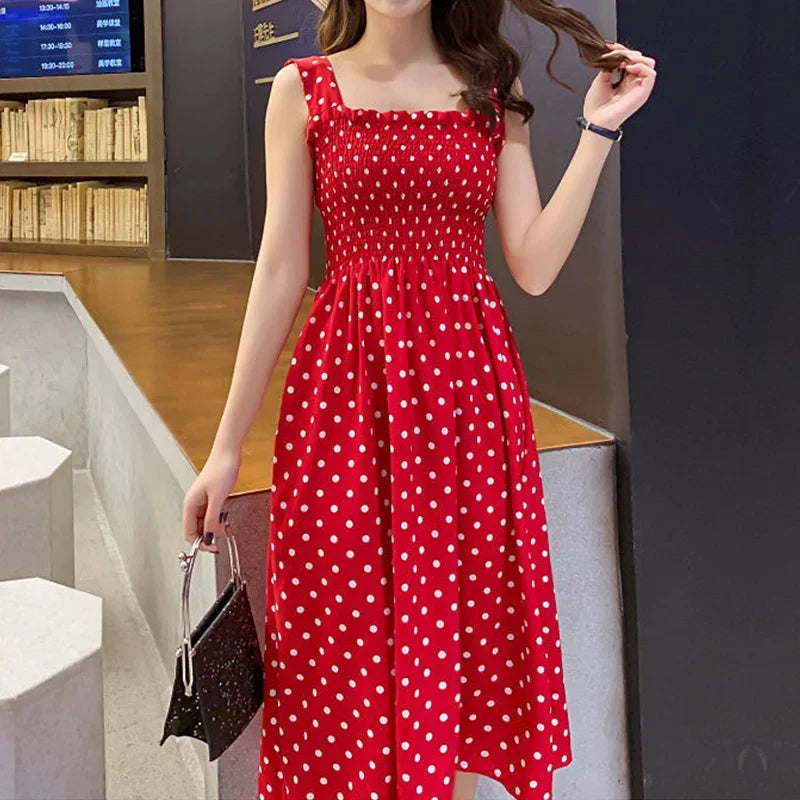 Polka Dot Elegant Sleeveless Chiffon Long Dress