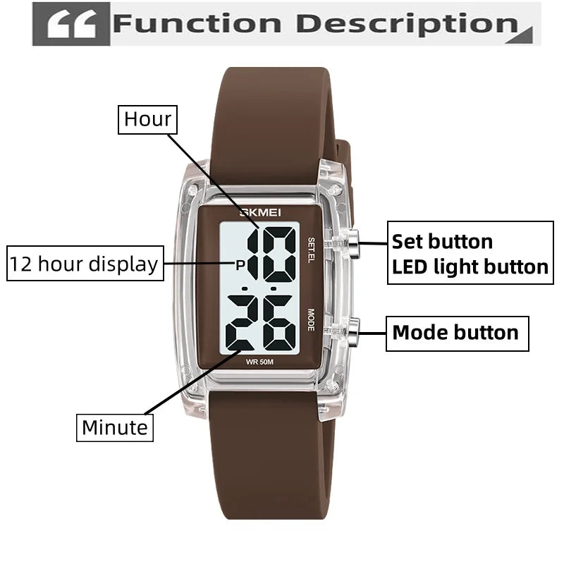 Digital with Date Week Display Silicone Strap LED Light Waterproof Wristwatch