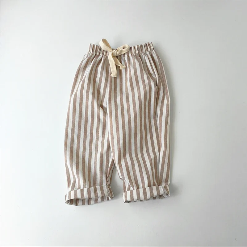 Retro Hemp Cotton Striped Casual Elastic Waist Pants
