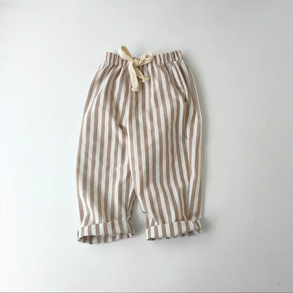 Retro Hemp Cotton Striped Casual Elastic Waist Pants