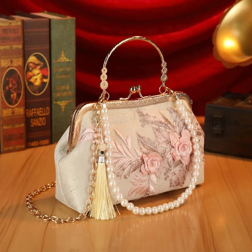 Vintage Kiss Lock Handbag Chinese Style Floral Lace Tassel Small Square Bag