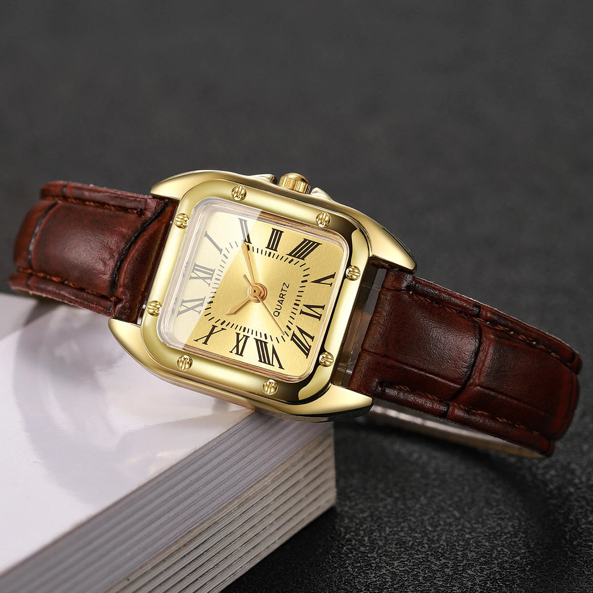 Square Leather Strap Roma Dial Quartz Watch