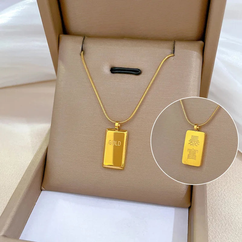 Bullion Bar Stainless Steel Golden Cube Brick Pendant Necklaces