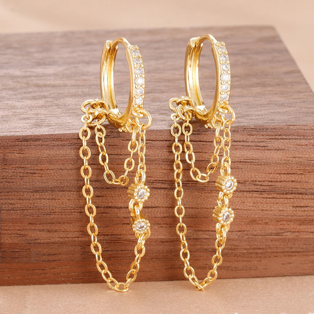 Stainless Steel Gold Color Chain Dangle Drop Zirconia Earrings