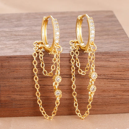 Stainless Steel Gold Color Chain Dangle Drop Zirconia Earrings
