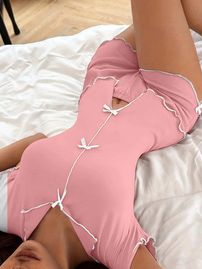 Bow Short Sleeve Top And Shorts Sleepwear Set