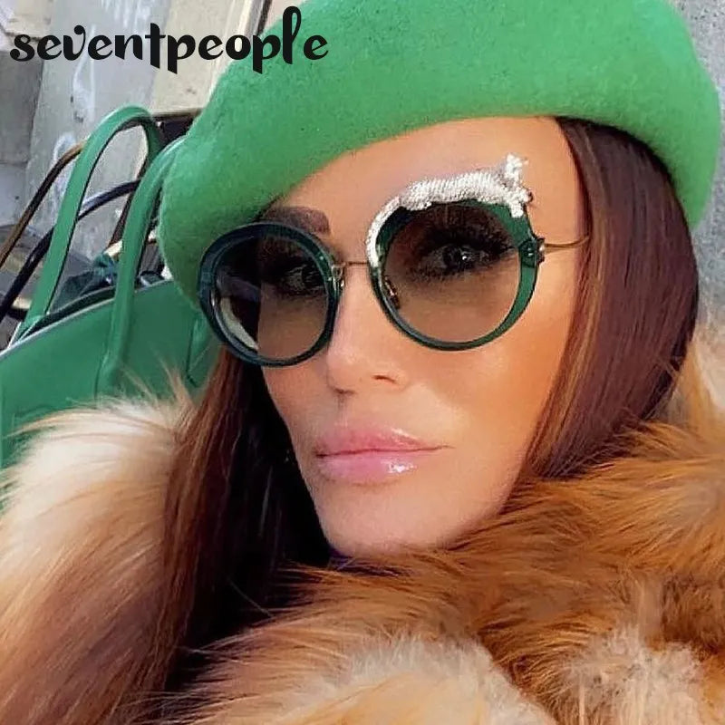 Oversized Round Crystal Leopard Sun Glasses