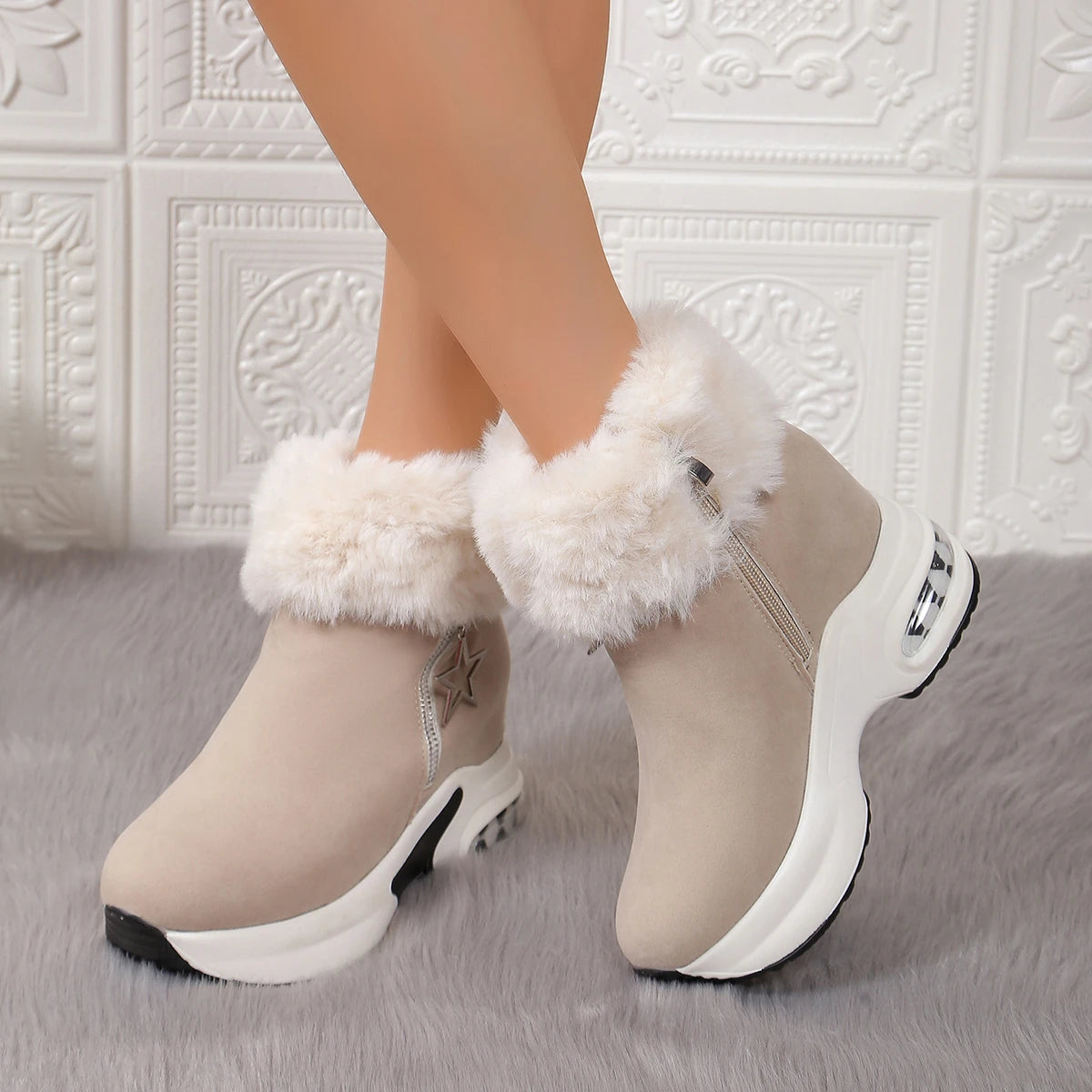 Winter Casual High Heels Thickened Fluff Wedge Platform Snow Boots