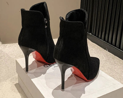 Red Heels Zip Warm Black Ankle Boots
