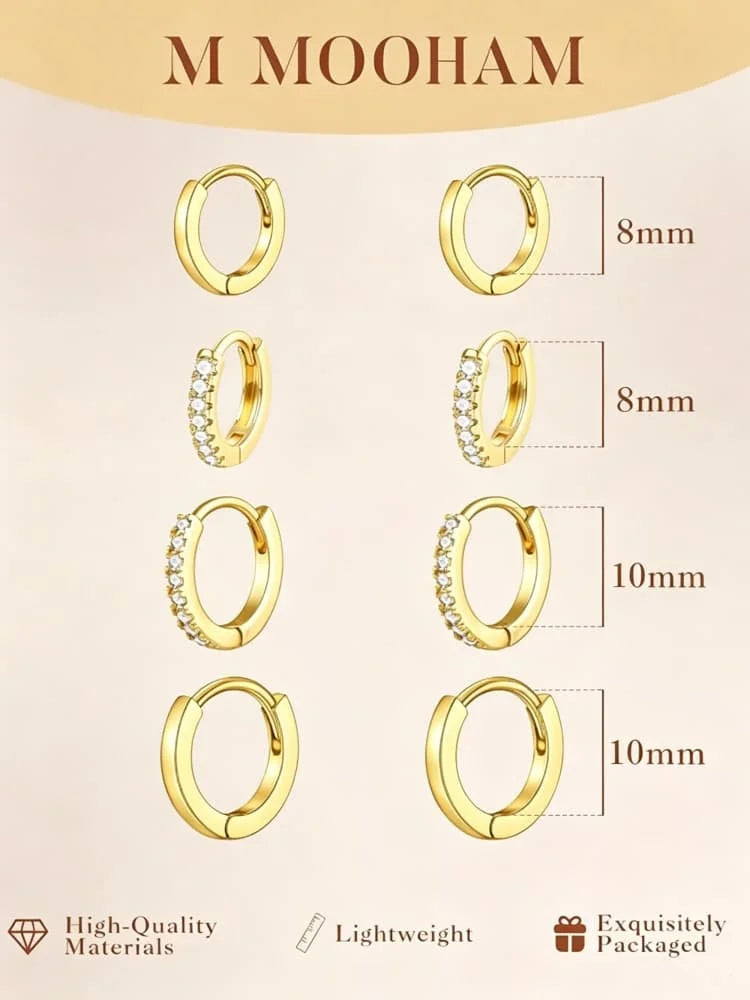 4 Pairs 925 Silver Plated CZ Hoop Cartilage Helix Sparkling Cubic Zirconia Earrings  Set