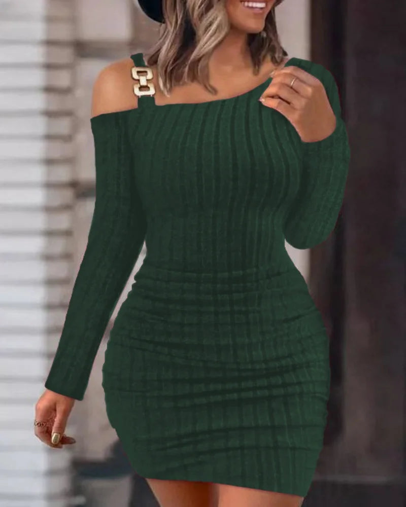 Shoulder Long Sleeve Bodycon With Metal Buckle Slim Fit Mini Dress