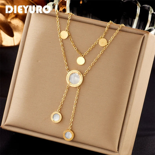 Stainless Steel Round Roman Dial Long Necklace