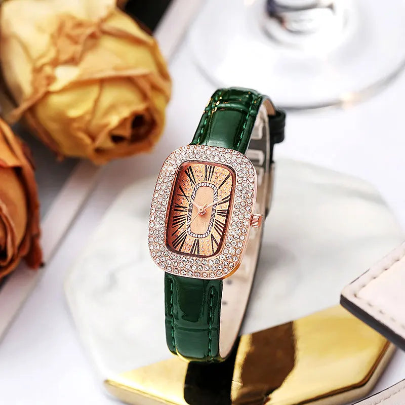 Leather strap with diamond inlay water diamond wine barrel quartz watch
