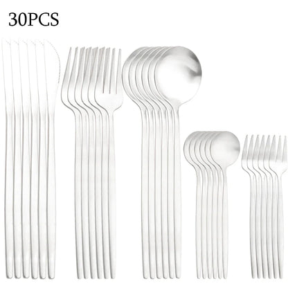 30Pcs Dinnerware Set Stainless Steel Flatware Matte Fork Spoon Knife Dinner Set
