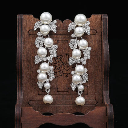 Gold Bridal Drop Simulated Pearl Crystal Statement Earrings
