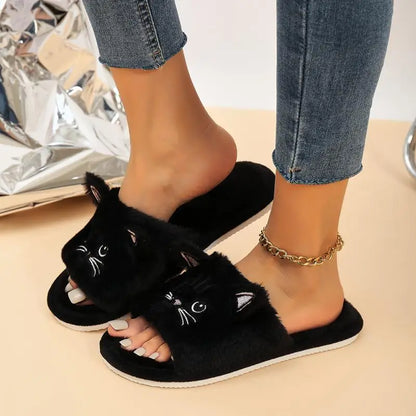 Fluffy Flat Cat Cartoon Luxury Slippers