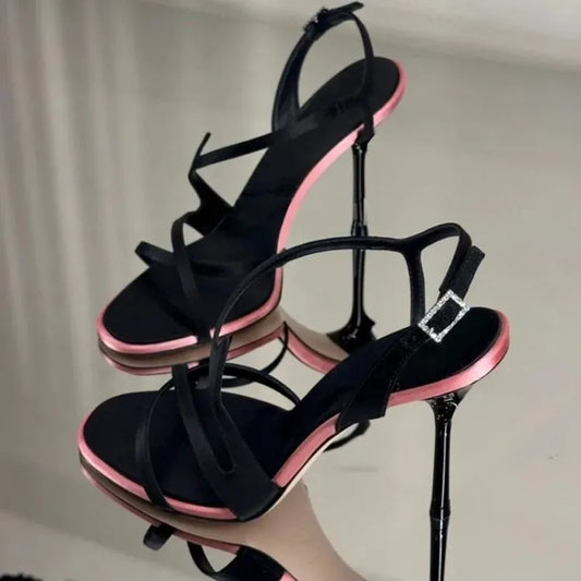 Satin Color Block Stiletto High Heels with One Belt