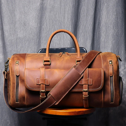 Vintage Crazy Horse Genuine Leather Travel Bag  Large Luggage