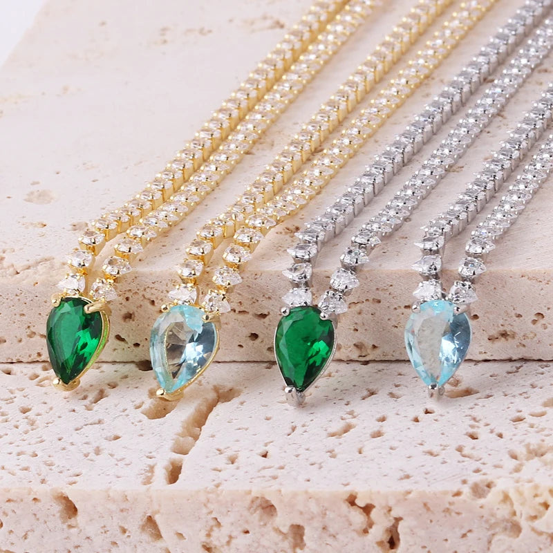 Iced Out Chain Water Drop Cubic Zirconia Light Blue Necklace