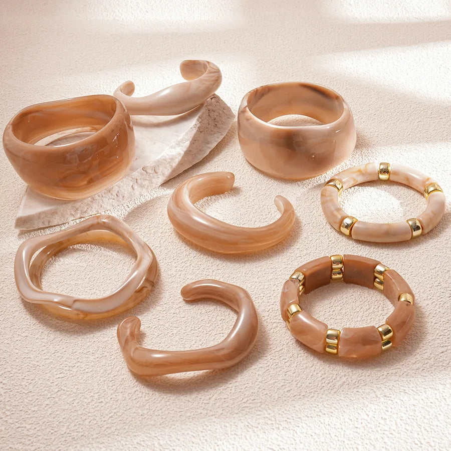 Vintage Smudging Beige Coffee Acrylic Cuff Wide Resin Bracelet