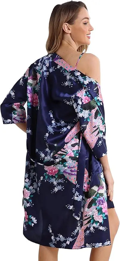 Floral Satin Kimono Robe and Nightgown Bathrobe Set