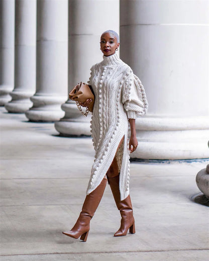 Long Sleeve Ribbed Knitted Stretchy Midi Dresses