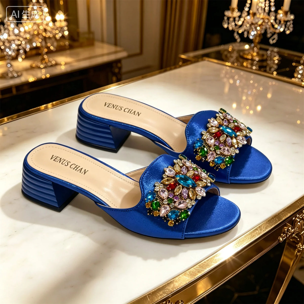 Luxury Multicolor Rhinestone Blue Heel Mules Black Satin Open Toe Slip
