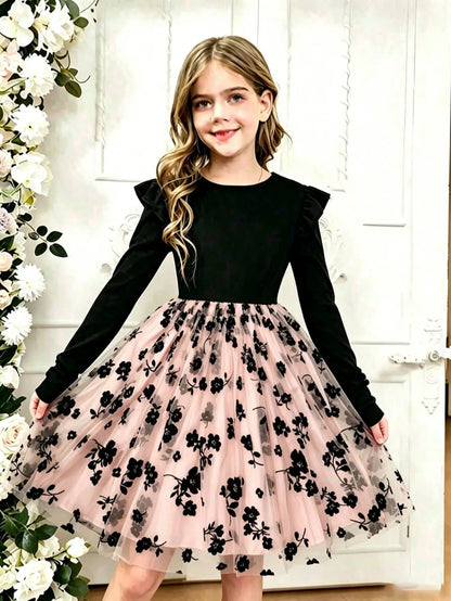 Casual round Neck Autumn Lotus Leaf Side Length Sleeve Mesh Flower Dress