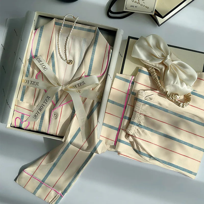 Contrast-Striped Ice-Silk Long-Sleeved Lightweight  Homewear Pajama Sets
