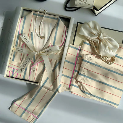 Contrast-Striped Ice-Silk Long-Sleeved Lightweight  Homewear Pajama Sets