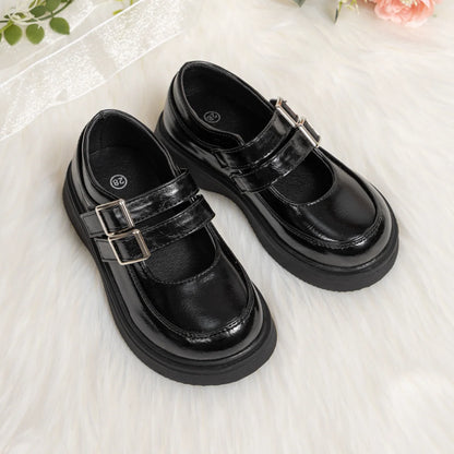 Classic Leather Spring and Autumn Bow Metal Buckle Mary Jane Shoes