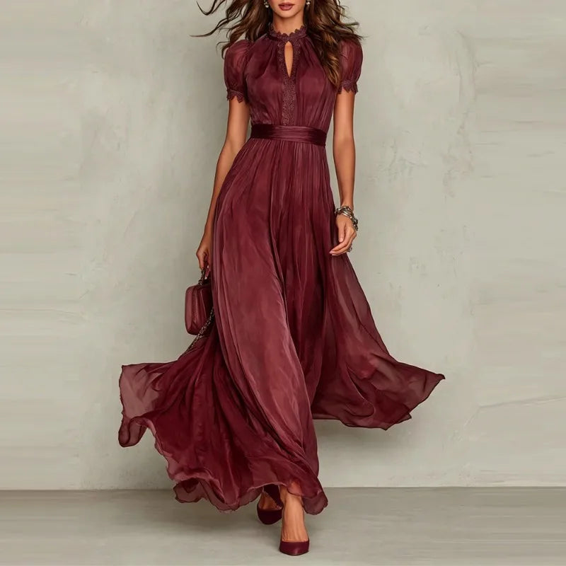 Elegant Chiffon Lace Trim Midi Stand Collar Neck Puff Sleeve Cinched Casual Dresses