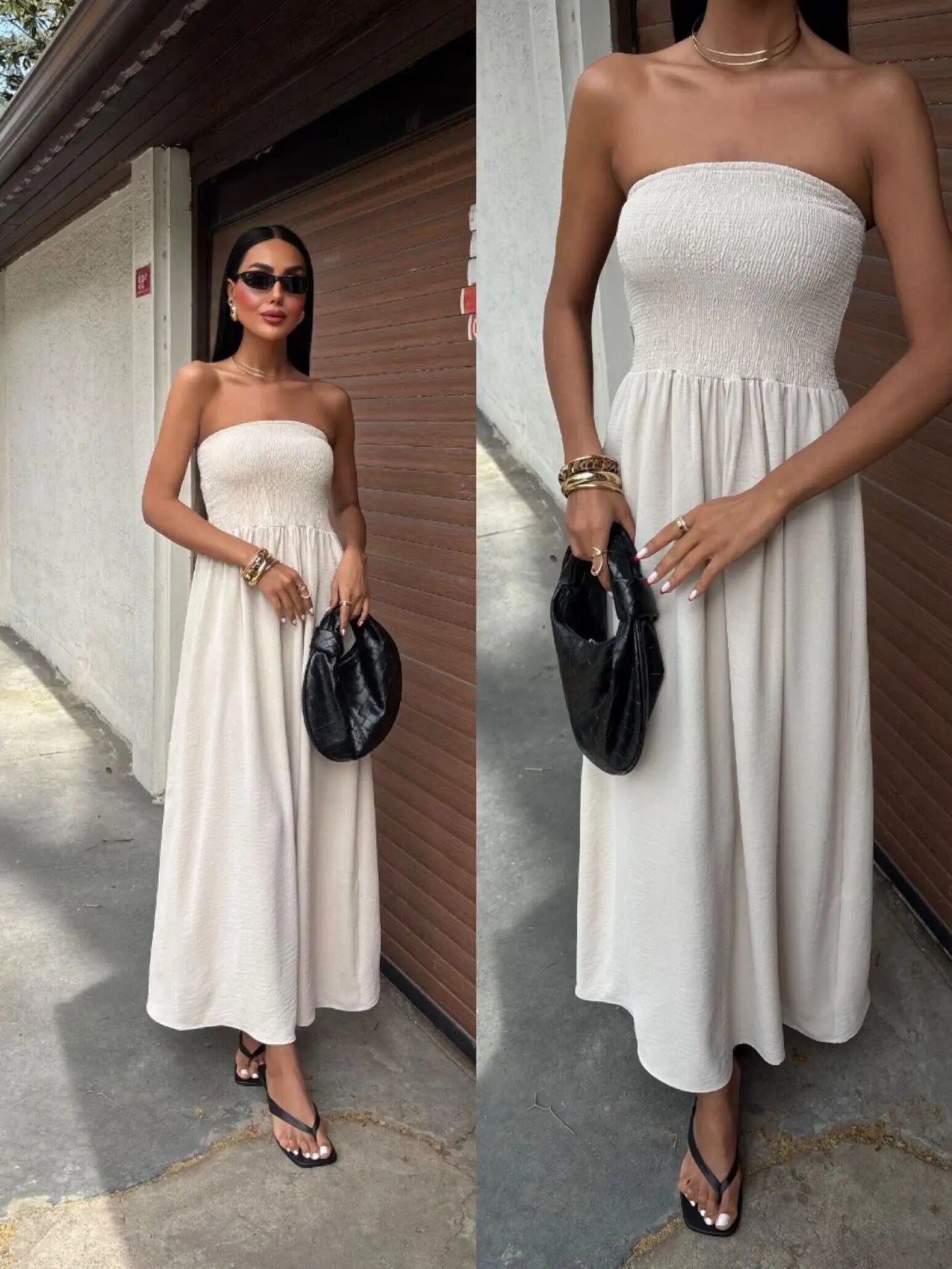 Off-Shoulder Strapless Waist-Cinching Long Dress