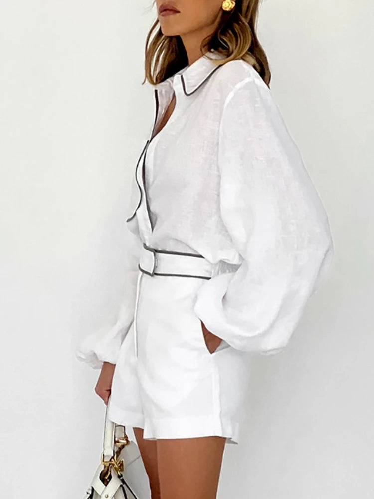 Elegant Cotton Linen Long-Sleeved Shirt Shorts Set