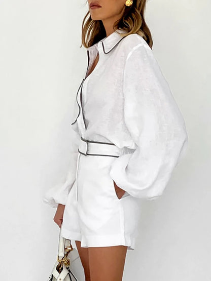 Elegant Cotton Linen Long-Sleeved Shirt Shorts Set