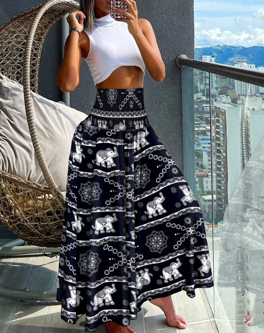 High Waist Long Bohemian Geometric Maxi Skirt S