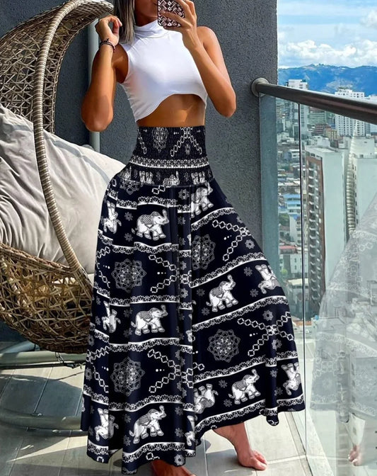 High Waist Long Bohemian Geometric Maxi Skirt S