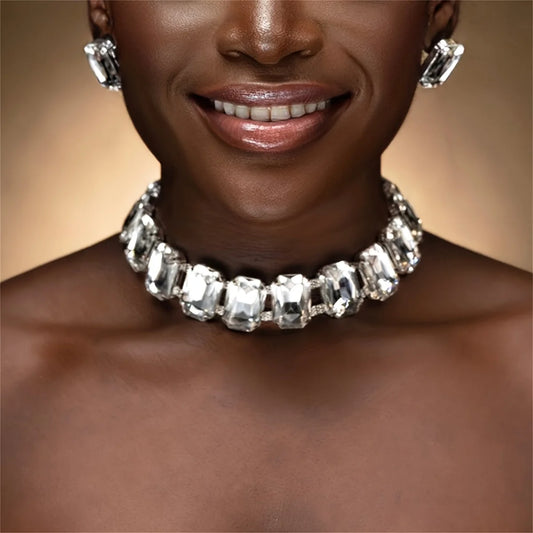 Oversize Square Rhinestone Choker Necklace Set