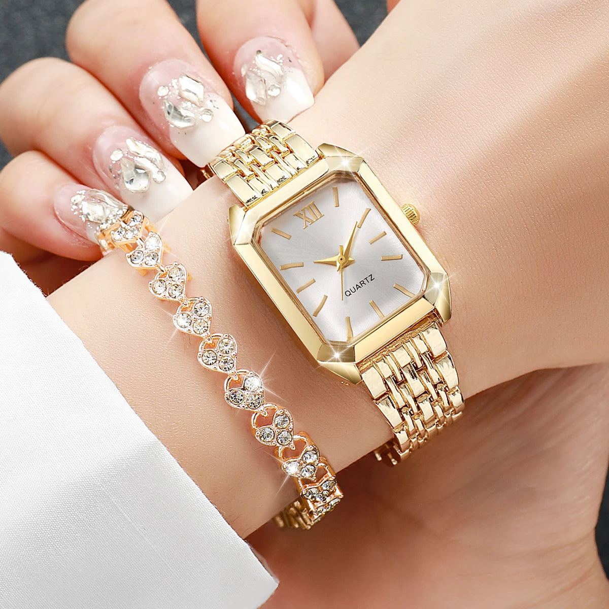 4PCS/Set Elegant Rectangle Quartz Wristwatch Heart Bracelets Set
