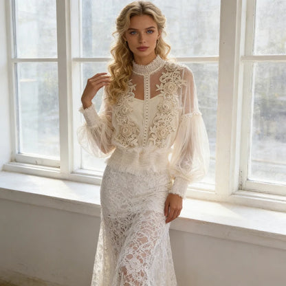 Vintage Lace Sweet Flower Perspective Mesh Lantern Sleeve Shirts