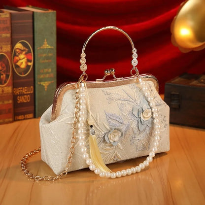 Vintage Kiss Lock Handbag Chinese Style Floral Lace Tassel Small Square Bag