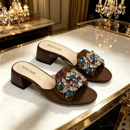 Luxury Multicolor Rhinestone Blue Heel Mules Black Satin Open Toe Slip