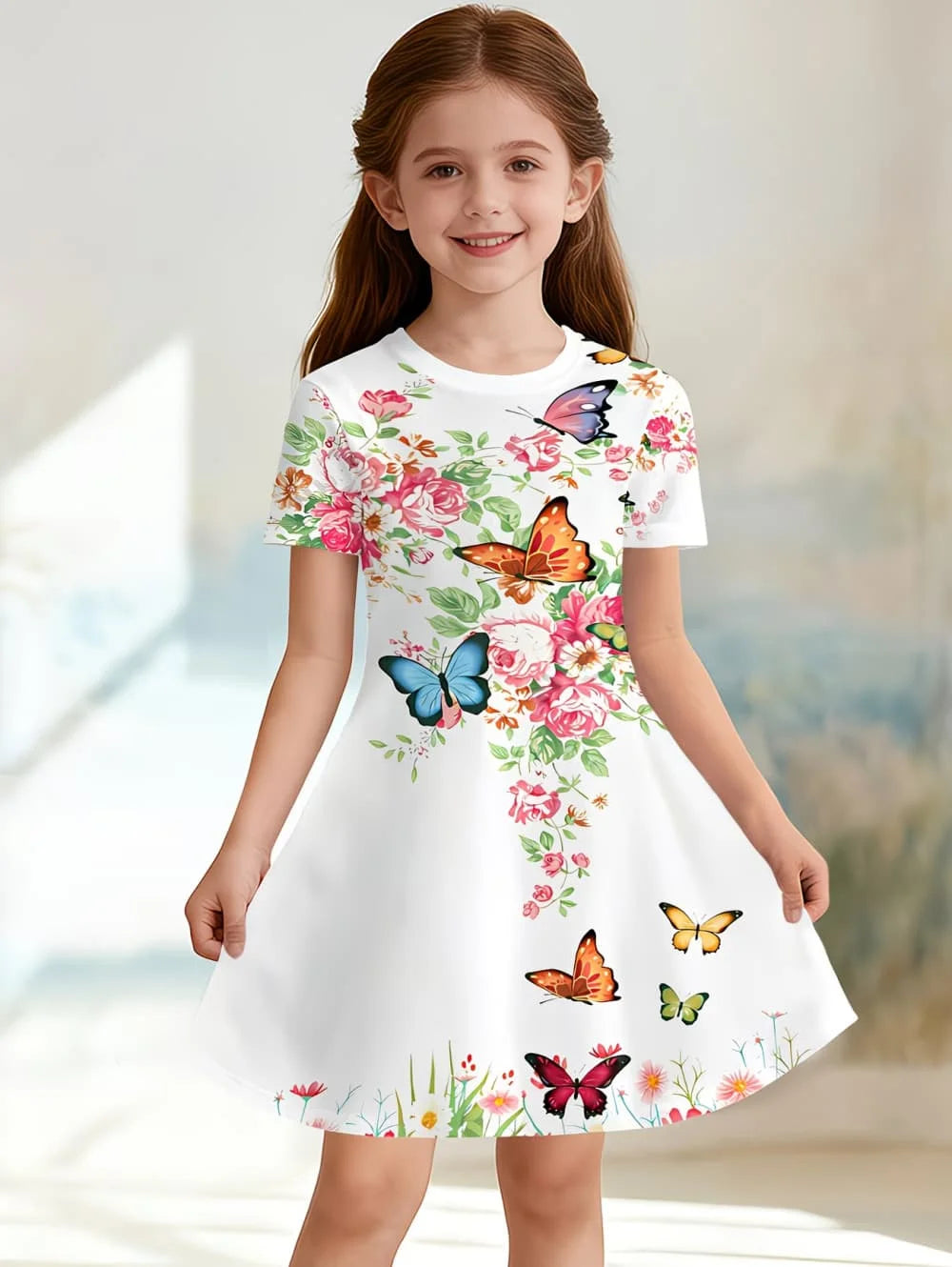Beautiful Butterfly Printed Short Sleeve Dress