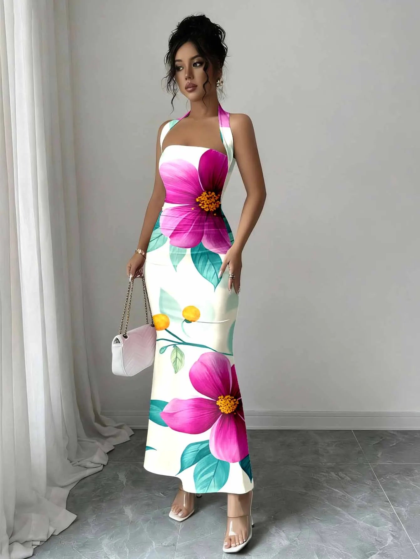 Hip-Hugging Sleeveless Long Collar Flowing Dress