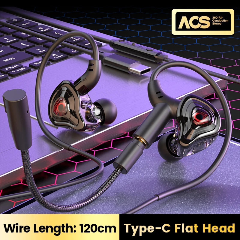 Game Wired Headphones Type C&3.5mm In-ear Earphones HiFi Stereo Headsets