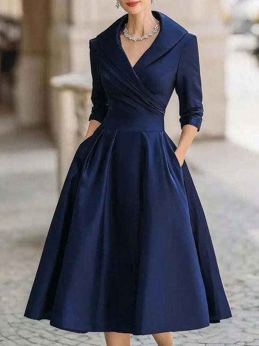 Vintage V Neck Long Sleeve Wrap Waist A Line Midi Dress