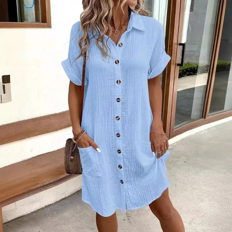 V-neck Button Cotton Linen Short Sleeved Dress