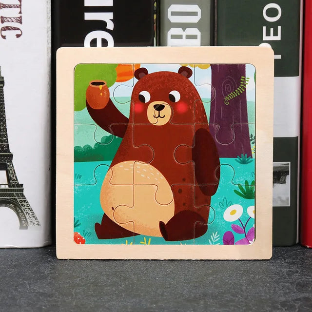 11X11CM Kids Wooden Puzzle Cartoon Animal Traffic Toys