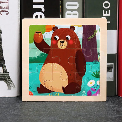 11X11CM Kids Wooden Puzzle Cartoon Animal Traffic Toys