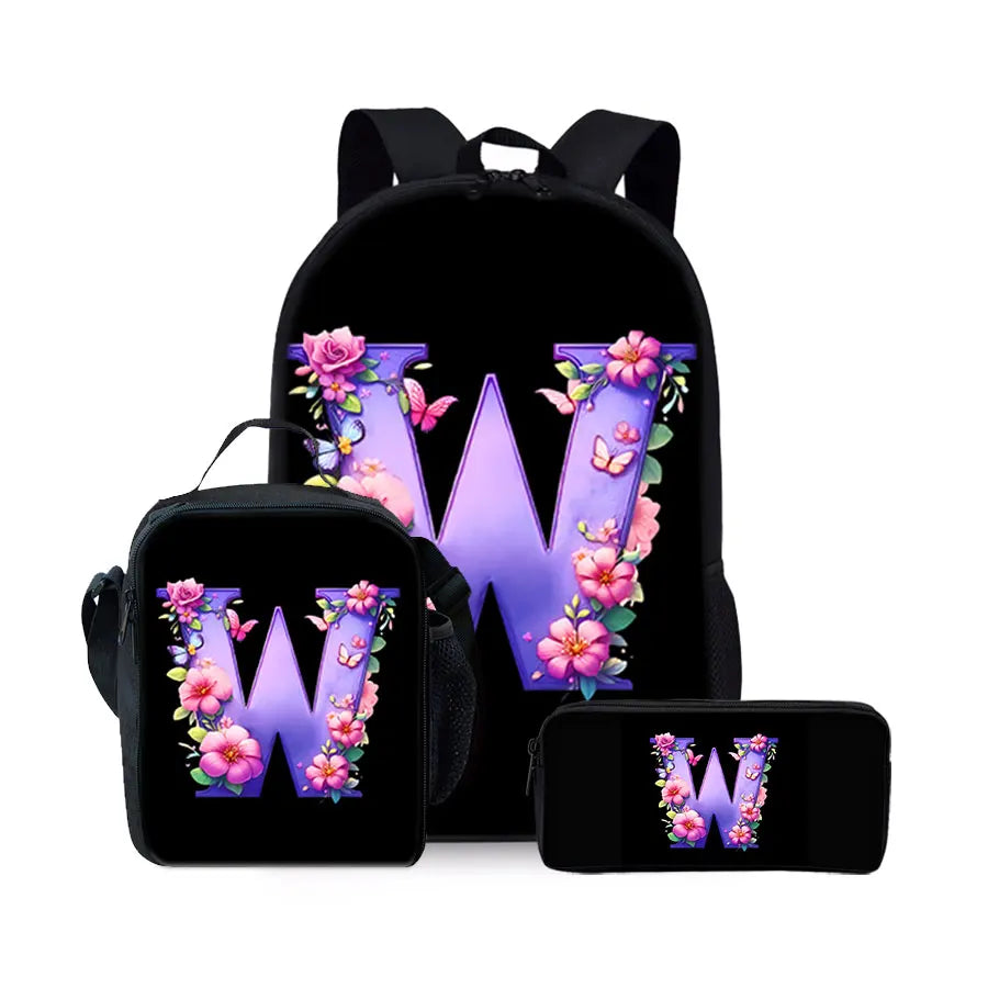 English Alphabet Pattern 2D Flat Cartoon School Backpack Three Piece Set